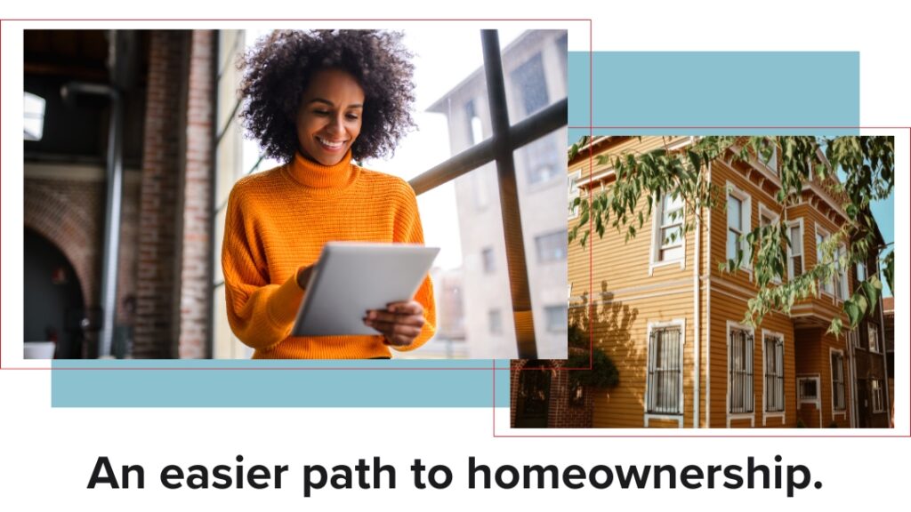 A smiling woman using a tablet, symbolizing easy access to homeownership through the Semper Elevate Program, paired with an image of a charming yellow home.