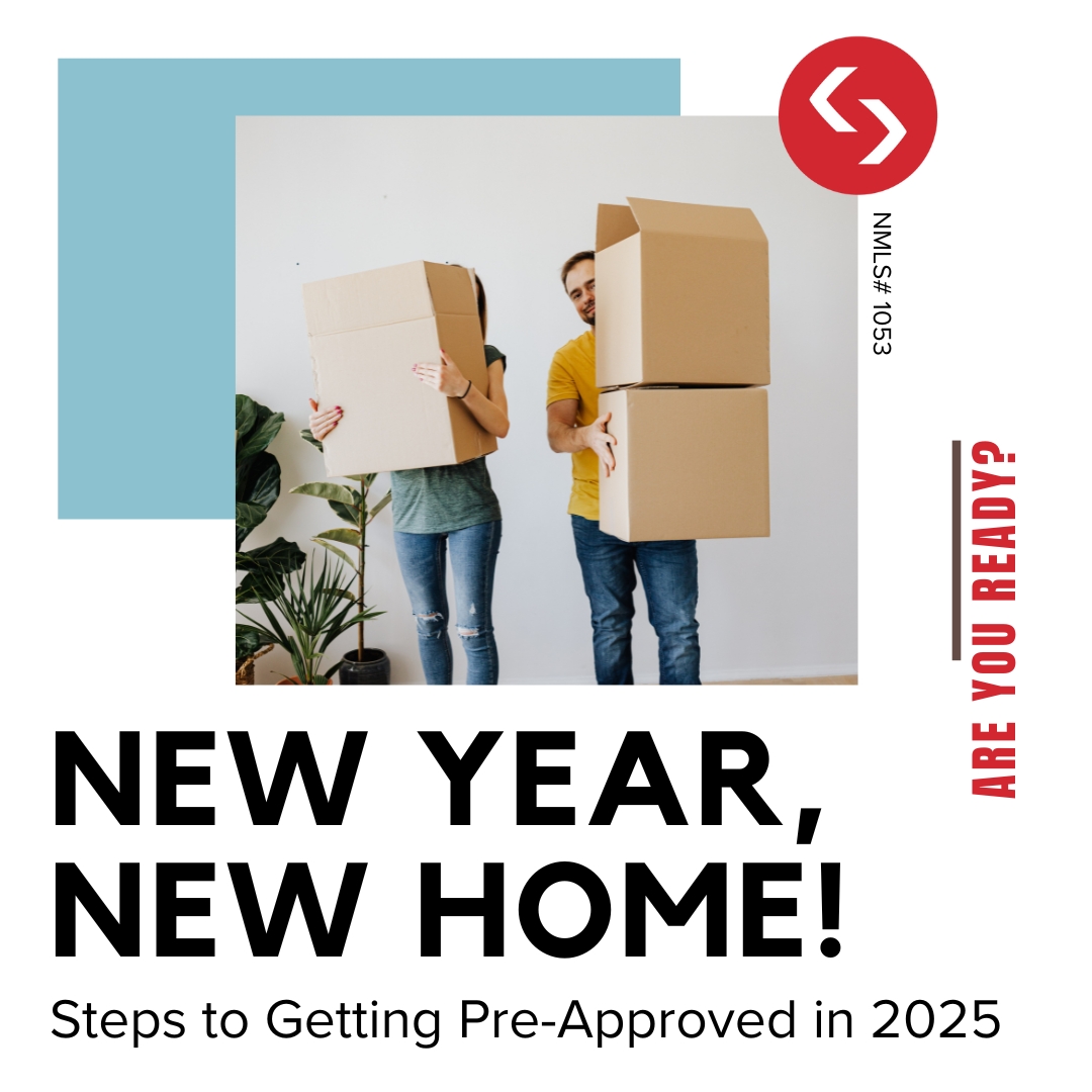 A couple carrying moving boxes, symbolizing a fresh start in a new home. The image includes the text 'New Year, New Home! Steps to Getting Pre-Approved in 2025,' emphasizing the theme of starting the home-buying journey in 2025.